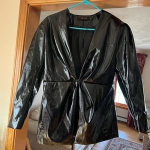 Misspap jacket shiny black faux leather ruched size Large